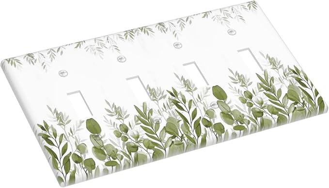 Green Eucalyptus Plant Leaves Vine Light Switch Covers Quad Toggle Electrical Faceplate 4 Gang Wall Plate Decorative Switch Plates for Bed Room Living Room Decor