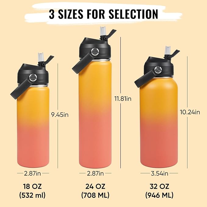 Fijinhom 32oz Insulated Stainless Steel Water Bottle, Wide Mouth Double Wall Vacuum, Silicone Straw, Sweat & Leak Proof, BPA Free Insulated Water Flask for Travel, Keep Cold 24h Hot 12h, Orange