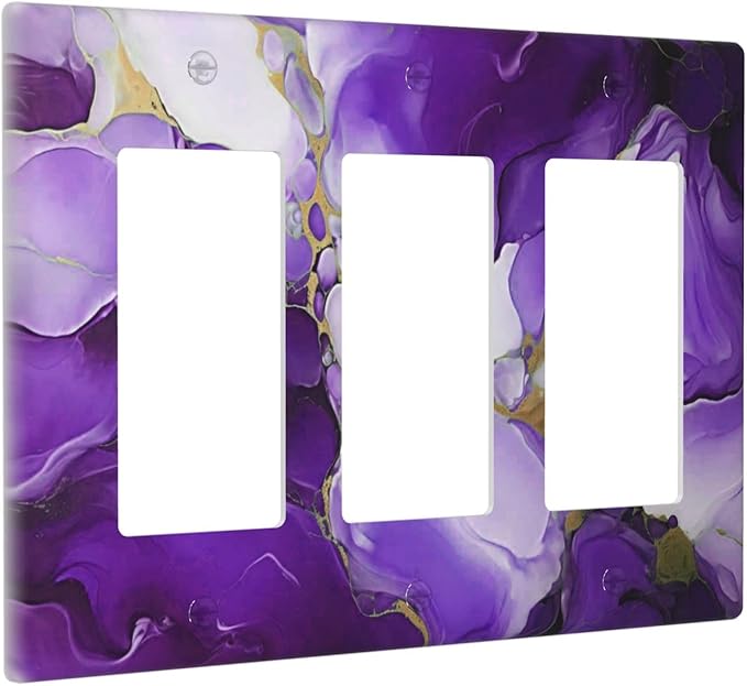Decorative Outlet Covers Abstract Luxury Purple Gold Marble Textures 3 Gang Wall Plate Triple Rocker Light Switch Cover Plate Jumbo Electrical GFCI Face Plate for Bathroom Kitchen Decor