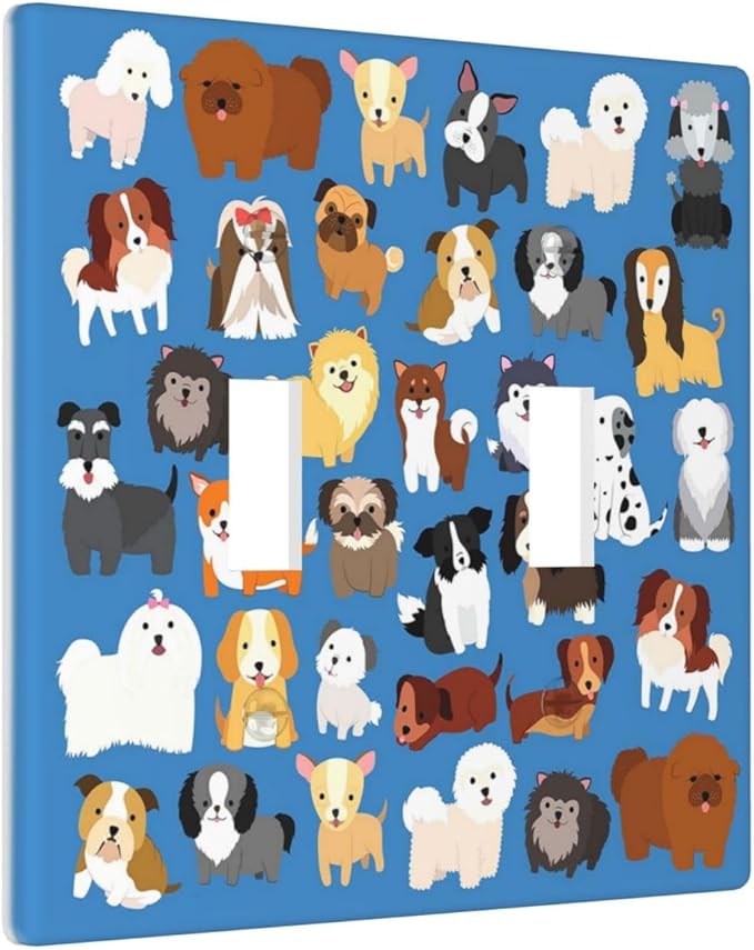 Cute Animal Dogs Puppy Decorative Outlet Cover Double Toggle Light Switch Plate Cover Electricity Receptacles Plates For Home Kitchen Living Bedroom 4.5 * 4.5
