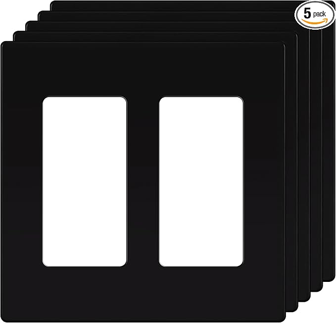 TG Screwless Decorator Wall Plates Child Safe Outlet Covers, Size 2-Gang 4.50" H x 4.55” L, Unbreakable Polycarbonate Thermoplastic, UL Listed, Glossy, Black (5 Pack)
