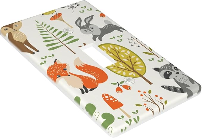 Woodland Forest Animals 1-Gang Toggle Light Switch Plate, Forest Mushroom Wall Plate for Nursery, Kids Room, Playroom & Cabin