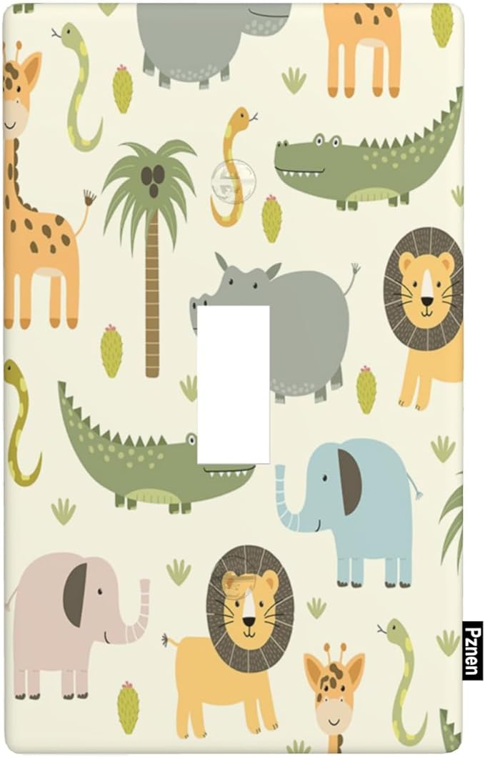 Cartoon Animal Light Switch Cover Cute Hippo Crocodile Lion Elephant And Giraffe Funny Wildlife Single Toggle Wall Plate 4.5"x 2.76" for Boys Girls Bedroom Bathroom