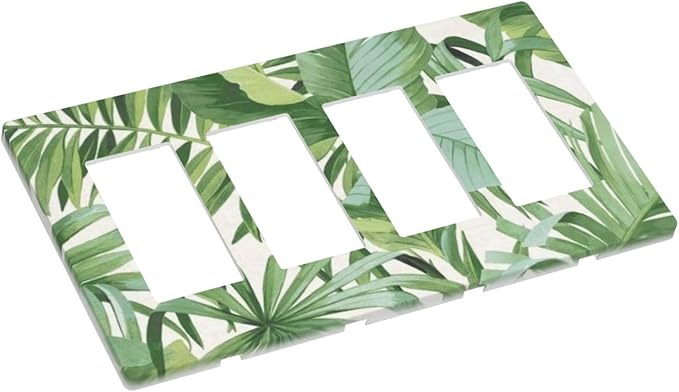 Green Tropical Palm Tree Leaf 4 Gang Quad Rocker/GFCI/Decorator Light Switch Cover Plate Decorative Electric Faceplate Decorative Switchplate Screwless