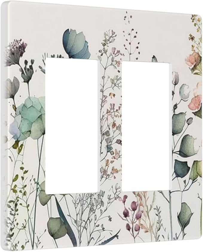 Watercolor Aqua Blue Flower Decorative Rocker GFCI Light Switch Cover 2-Gang Electrical Double Decorator Wall Plate Beige/Tan Floral Wildflower Blossom Herb Switches Faceplate Cover Dimmer Screwless