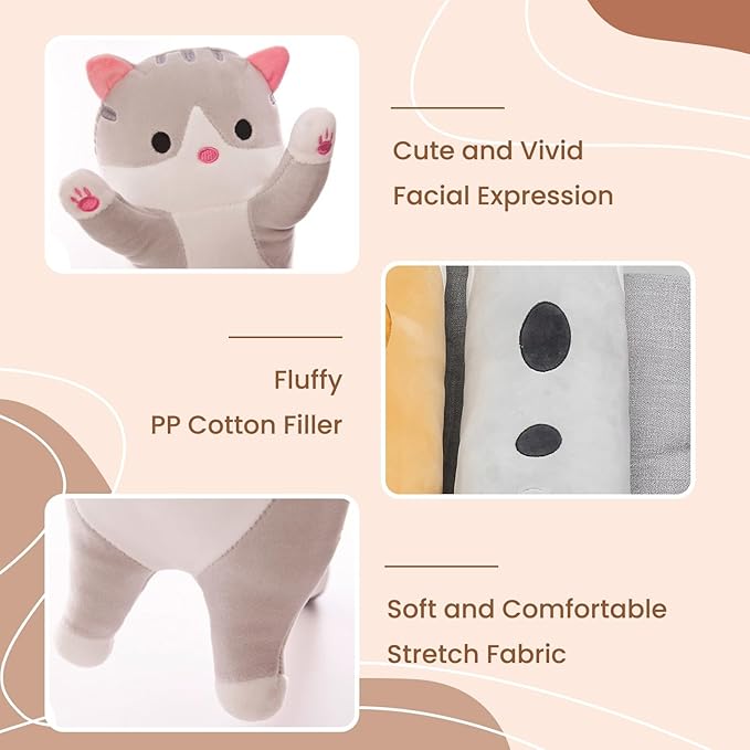 Cute Cat Plush Long Body Pillow – Soft Cartoon Stuffed Animal Doll, Kawaii Cat Plushie Cuddle Toy for Kids, Girls & Girlfriend (Pink, 27.5 Inch)