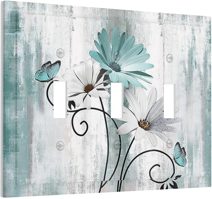 Teal Daisy Vintage Flower Butterfly Rustic Wood Print Decorative Switch Plates 3 Gang Wall Plate Triple Toggle Light Switch Cover Faceplate Electrical Wall Panels for Farmhouse Home Decor