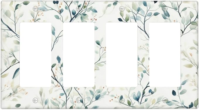 Watercolor Floral Green Leaves 4 Gang Light Switch Cover Green Botanical Flowers Quad Rocker Outlet Covers Wall Plate Decorative Faceplate for Bedroom Kitchen Living Room Decor