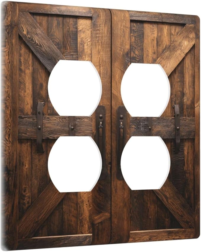 Decorative Outlet Covers Retro Brown Wood Barndoor 2 Gang Light Switch Cover Plate Double Duplex Wall Plates for Electrical Outlets Switch Plate Covers for Farmhouse Home Decor