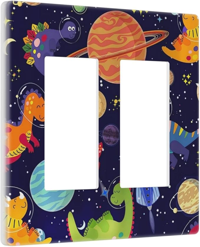 Galaxy Starry Astronaut Dinosaur 2 Gang Double Rocker/Decora Light Switch Cover Decorative Outlet Wall Plate Electrical Faceplate Home Family Art Decor Screwless