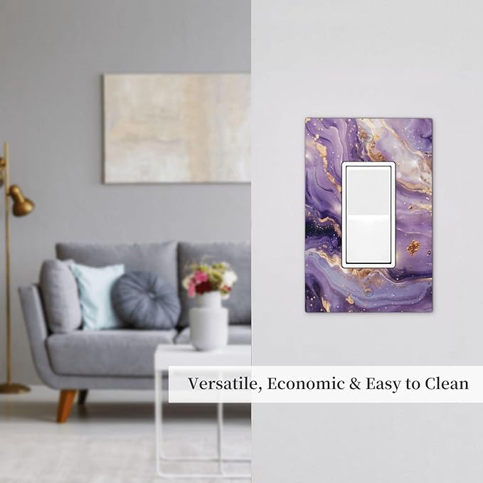 Abstract Purple Gold Marble Texure Luxurious Decorative Outlet Covers 1 Gang Single Rocker Light Switch Cover Plate Wall Plates GFCI Faceplate for Bathroom Living Room Decor