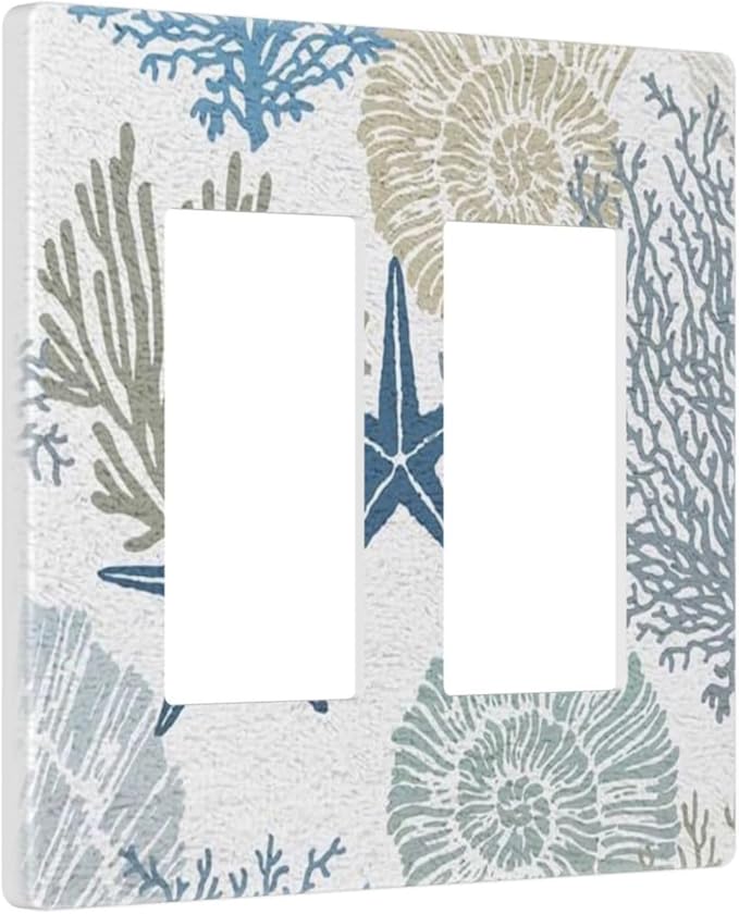 Nautical Teal Blue Beach Coastal Ocean Starfish Coral Seashell Conch 2 Gang Double Decorator/GFCI Wall Plate Rocker Outlet Light Switch Decorative Two Dual Device Receptacle Face Plate Cover Screwless
