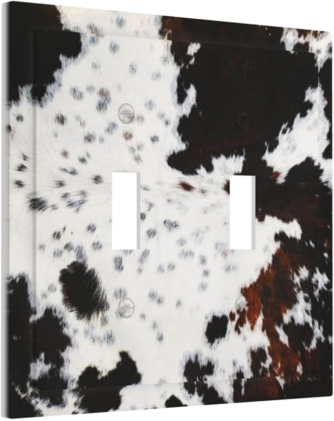 Decorative 2 Gang Double Toggle Light Switch Cover Western Black White Brown Cow Highland Cowhide Wild Animal Fur Skin Spots Cheetah Leopard Print Wall Plate Electrical Dual Device Switch Face Plate