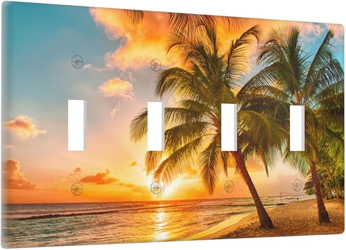 Light Switch Cover Sunset Beach Palm Tree Seascape 4 Gang Switch Plate Quad Toggle Wall Plates Tropical scenery Decorative Switchplate Electrical Outlet Cover Plates for Bathroom Home Decor