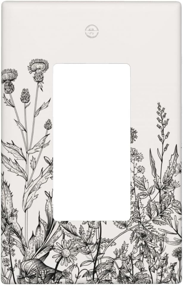 Gray Vintage Floral Garden 1-Gang Rocker Wall Plate, Neutral Cottage Garden Retro Wildflower Switch Plate for Living Room, Bedroom, Sunroom