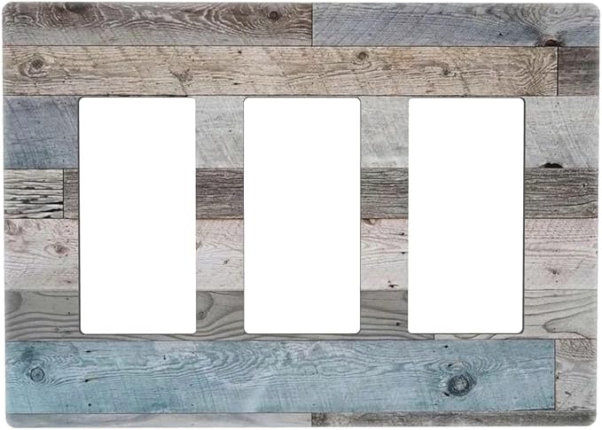 Cabin Rustic Kitchen Country Style 3 Gang Triple Decorator/GFCI/Rocker Wallplate Screwless Decorative Farm Barn Door Wood Grain Three Device Jumbo Size Outlet Light Switch Receptacle Face Plate Cover