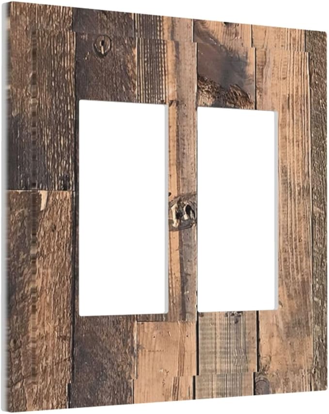 Rustic Brown Wood Plank Vintage Country Wooden Board Decorative Outlet Covers 2 Gang Double GFCI Rocker Electrical Wall Panels Light Switch Cover Plate for Farmhouse Home Decor