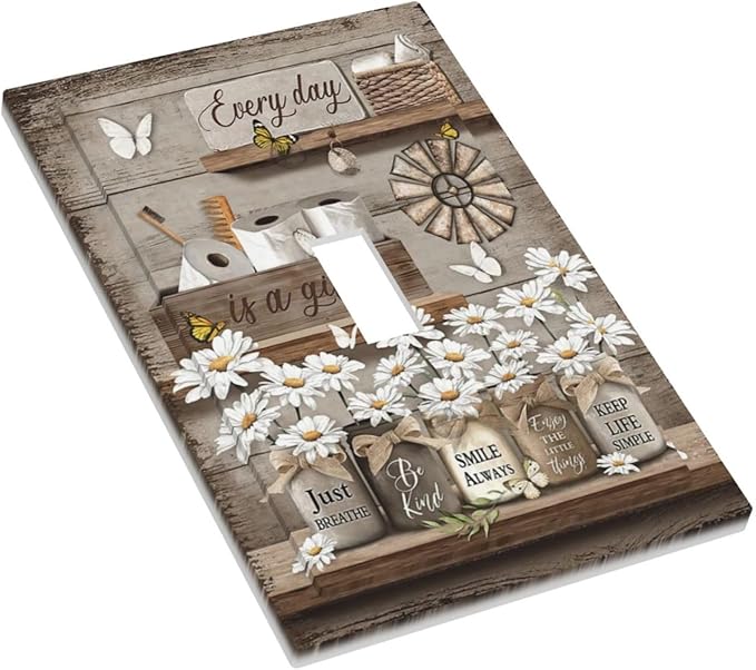 Rustic Daisy Flower Butterfly Inspirational Cottage Decorative Light Switch Cover 1 Gang Single Toggle Device Electrical Faceplate Switchplates Decorator Outlet Wall Plate for Farmhouse Bedroom Decor