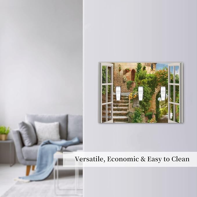 Mediterranean Greece Scene Flowers Triple Toggle Light Switch Cover 3 Gang Wall Plate Decorative Italian Town from Another Window Electrical Facplate for Bathroom Kitchen Home 6.7" x 4.8"