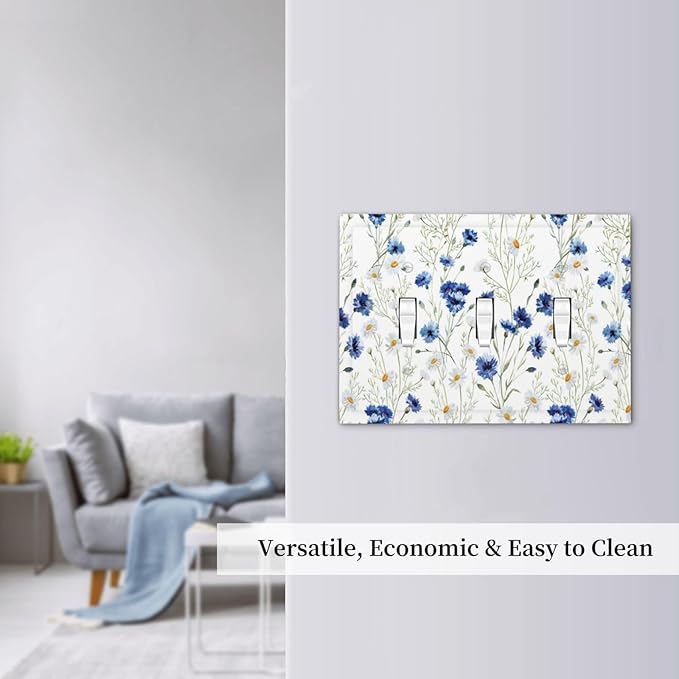 Light Switch Cover Plate Watercolor Daisy Blue Floral Vintage Plant 3 Gang Triple Toggle Decorative Switch Plates Wall Plates Electrical Switchplate Faceplate for Bedroom Home Decor