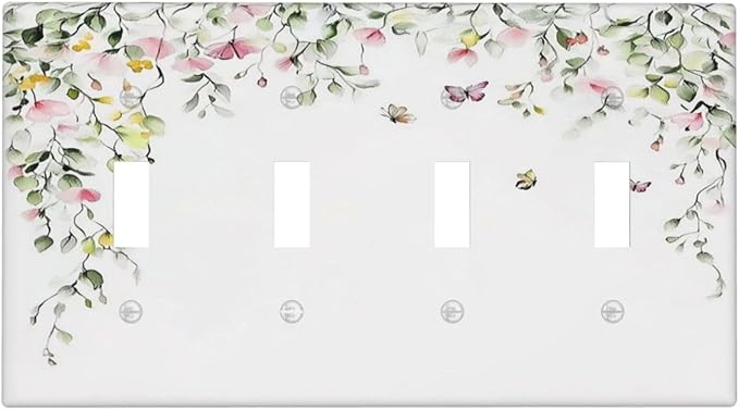 Watercolor Flowers Vine Colorful Butterfly Floral Light Switch Covers Quad Toggle Electrical Faceplate 4 Gang Wall Plate Decorative Switch Plates For Bed Room Living Room Decor