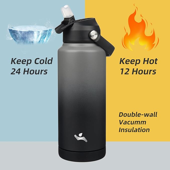 Konokyo Insulated Water Bottle with Straw Lid,32 oz Stainless Steel Vacuum Metal Bottle with Silicone Handle,Gray Black