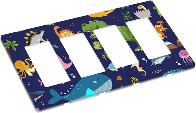Kids Boys Cartoon Dinasour Ocean Animals Theme 4 Gang Quad Rocker Light Switch Cover Decorative Quadruple Device GFCI/Decorator Wall Plate Electric Faceplate Screwless