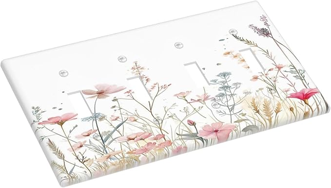 Watercolor Wildflower Pink Flower Plant Floral Light Switch Covers Quad Toggle Electrical Faceplate 4 Gang Wall Plate Decorative Switch Plates for Bedroom Living Room Decor