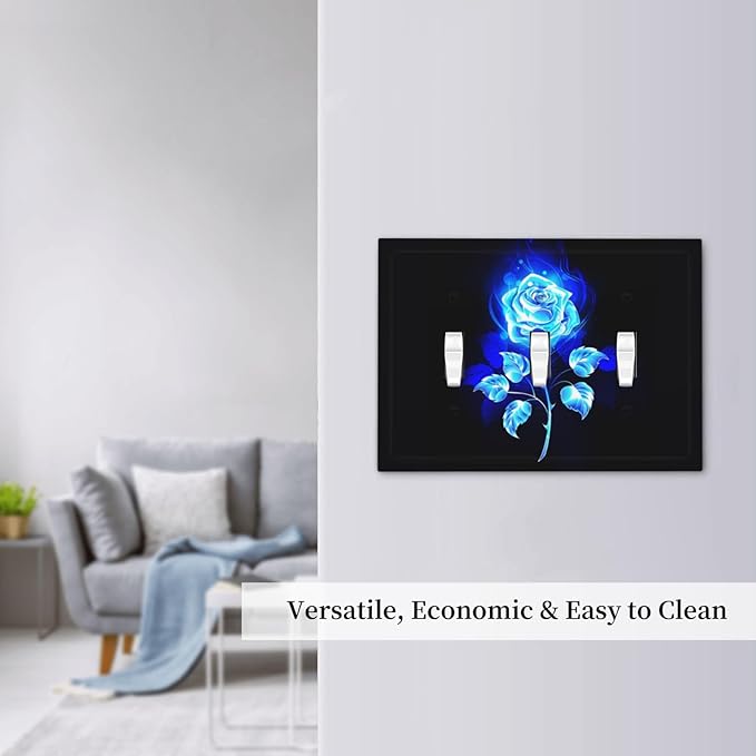 Blue Golden Rose Flower 3 Gang Light Switch Plate Decorative Triple Toggle Wall Plate Cover Electrical Faceplate for Bathroom Home Living Room Decorate