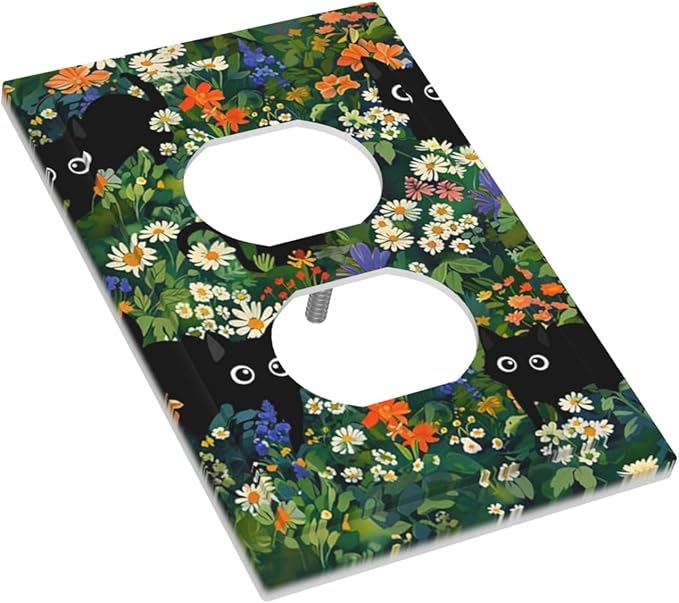 Funny Cartoon Cute Kid Black Cats 1 Gang Duplex Wall Plate Receptacle Outlet Covers Boho Aesthetic Green Floral Flower Forest Decorative Electrical Dual Device Light Switch Plug Socket Faceplate Cover