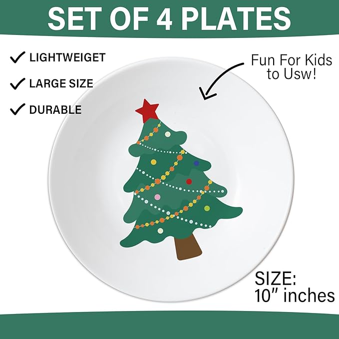 Naozinebi 4 Set 10 Inch Christmas Tree Plates Melamine Christmas Dinnerware Set Reusable Xmax Holiday Melamine Plate Dishwasher Creatively Drop Resistant Cute Plastic Dish