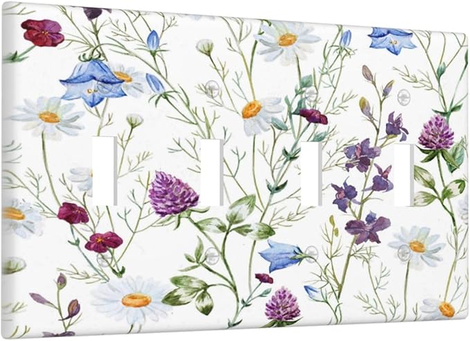 Floral Boho Multicolor Flower Plant Leaves Light Switch Covers Quad Toggle Electrical Faceplate 4 Gang Wall Plate Decorative Switch Plates Cover for Bedroom Living Room Decor
