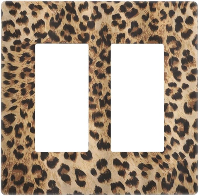 Classic Leopard 2 Gang Double Rocker/Decor Light Switch Cover Decorative Outlet Wall Plate Electrical Faceplate Home Bedroom Art Panel Decor Screwless 4.7" x 4.6