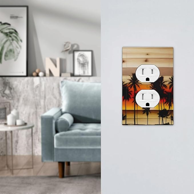Sunset Beach Coconut Palm Tree Wooden Background Outlet Covers 1 Gang Duplex Light Switch Cover Decorative Switch Plates Electrical Receptacle Faceplate Wall Plate for Bedroom Living Room Decor