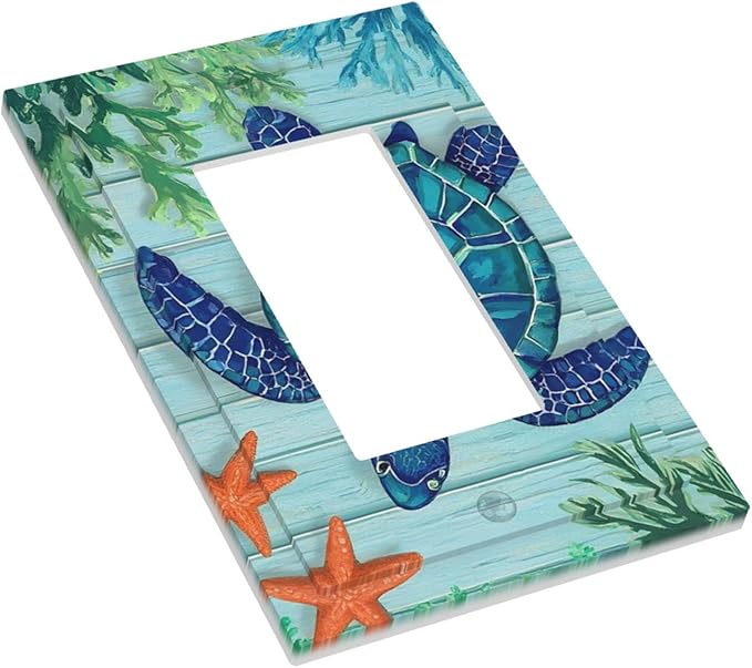 Coastal Sea Turtle Single Rocker Switch Cover - 1-Gang Standard US Size Mosaic Starfish Light Switch Covers, Nautical Ocean Theme for Coastal Homes