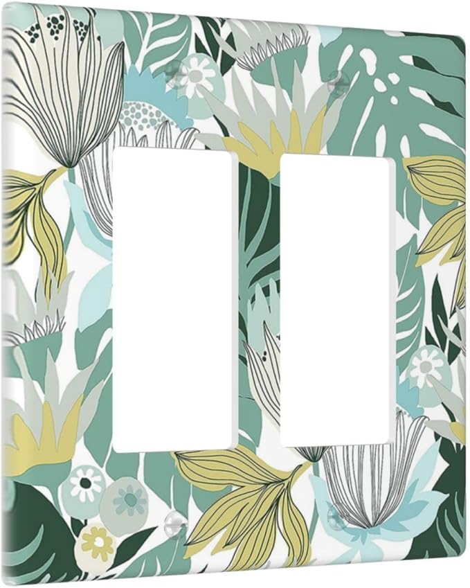 Retro Tropical Leaves Light Switch Plate Cover 2 Gang Double Rocker Wall Plates Electrical Faceplates Decorative GFCI Outlet Covers for Bedroom Bathroom Kitchen Art Decor
