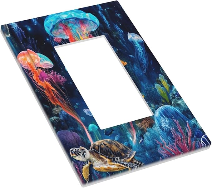 Jellyfish Sea Turtle Fantasy Ocean Coral Underwater World Decorative Outlet Covers 1 Gang Single Rocker Light Switch Cover Plate Wall Plates GFCI Faceplate for Nursery Kids Room Decor
