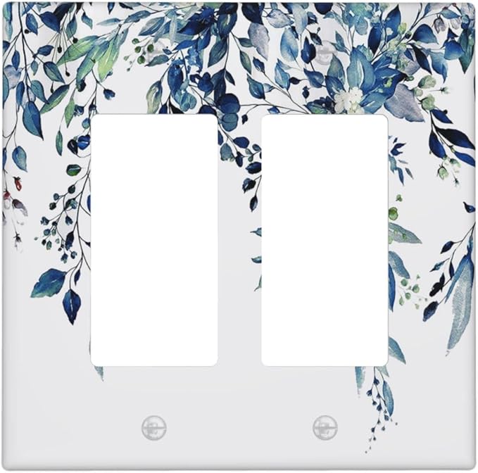 Blue Eucalyptus Watercolor Leaves 2 Gang Rocker Decora Light Switch Cover Decorative Green Plant Outlet Covers Wall Plate Electrical Faceplate Switchcovers GFCI for Bathroom Bedroom Livingroom Decor