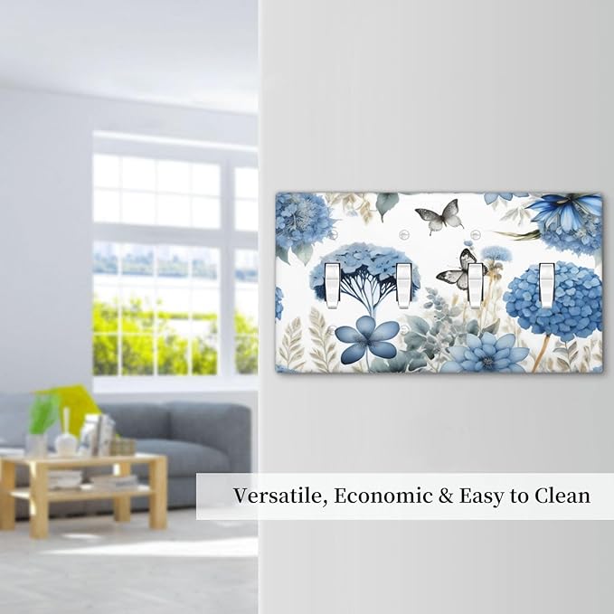 Blue Floral Hydrangea Floral Butterfly Flower Plant Light Switch Covers Quad Toggle Electrical Faceplate 4 Gang Wall Plate Decorative Switch Plates Cover for Bedroom Living Room Decor