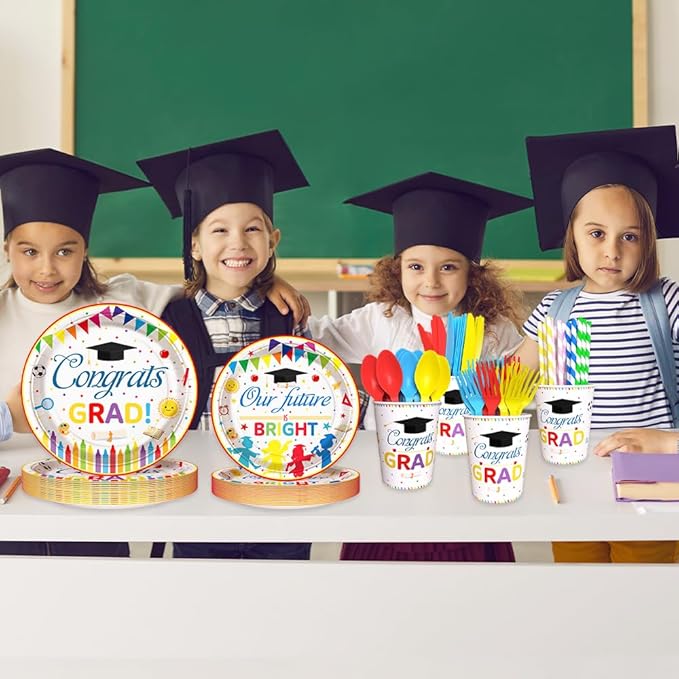AIBIIN 192 Pcs Kindergarten Graduation Party Decorations 2026 Preschool Graduation Party Supplies Congrats Grad Disposable Tableware Set with Plates Napkins Cups Serves 24 Guests