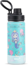 16 oz Water Bottle for Kids -Stainless Steel Double Wall Vacuum Insulated Water Bottle for Girls-Leak Proof, BPA Free-Mermaid