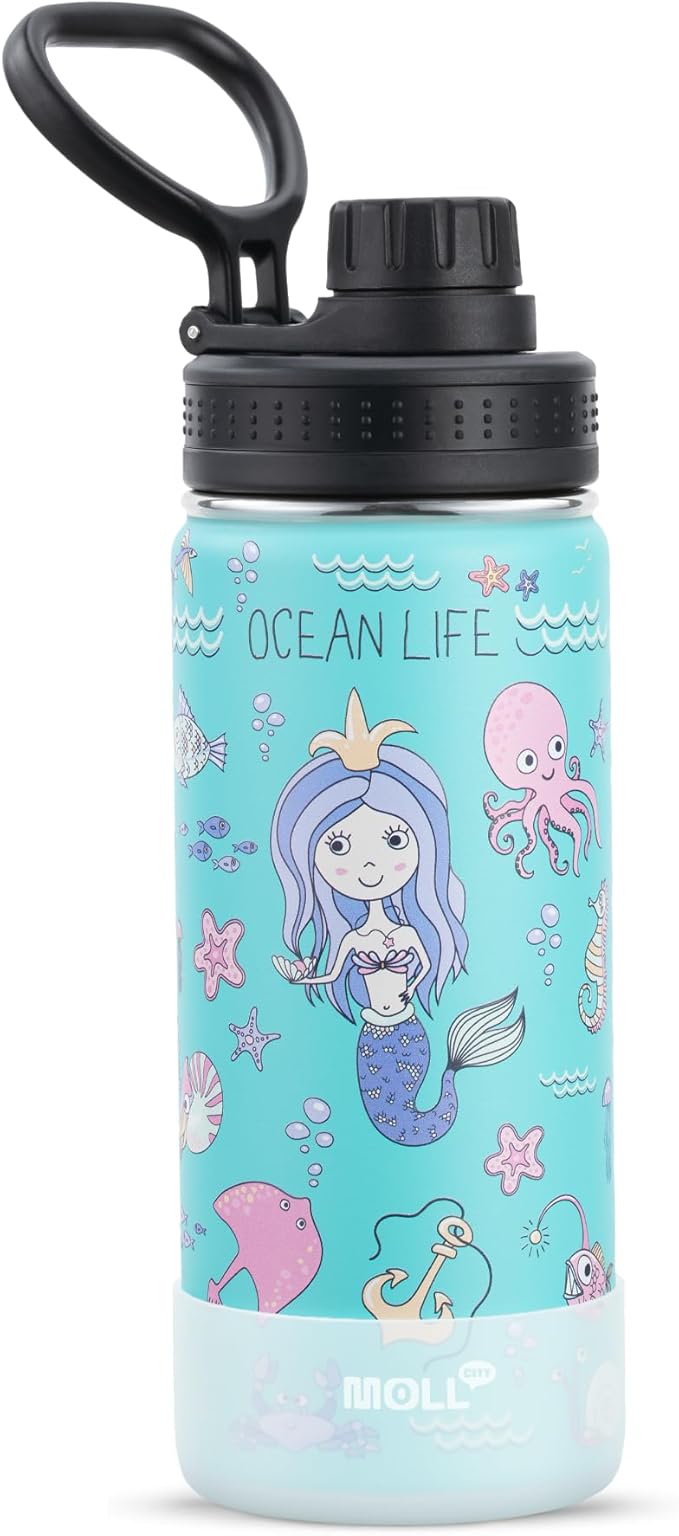 16 oz Water Bottle for Kids -Stainless Steel Double Wall Vacuum Insulated Water Bottle for Girls-Leak Proof, BPA Free-Mermaid