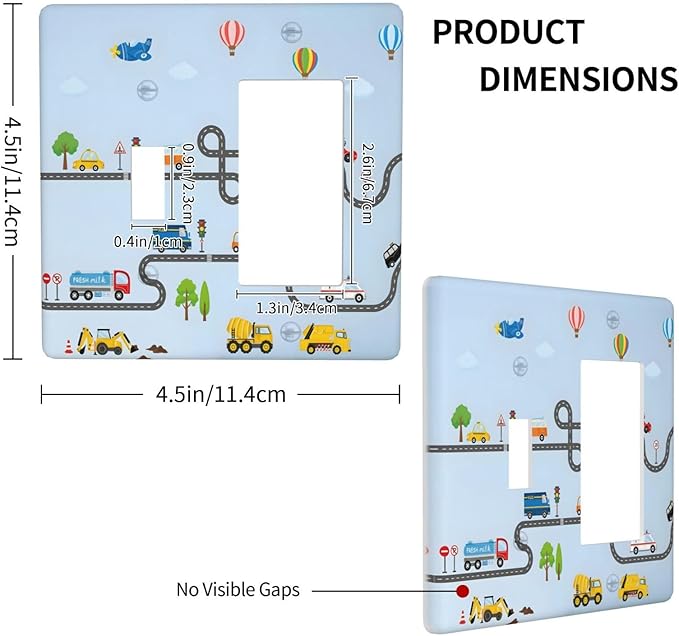 Road Construction Car Truck Hot Air Balloon Outlet Covers 1 Toggle 1 Rocker Combination Decorative Wall Plate Electrical Switch Plates Light Switch Cover Plate for Nursery Kids Room Decor