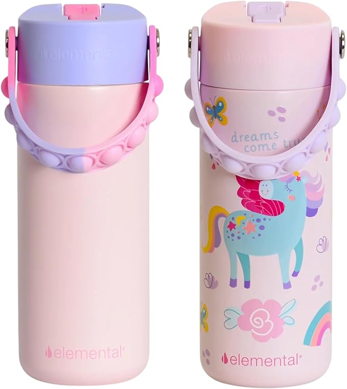 Elemental 100% Leak Proof When Spout is Closed Insulated Kids Water Bottle, Stainless Steel Bottle for School with Straw Lid & Pop-It Handle, Pink Tie Dye & Unicorn Rainbow -18oz (2 Pack)