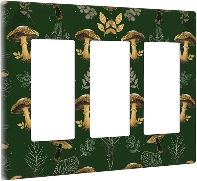 Decorative Outlet Covers Cute Gold Mushtroom Green Plant Leaf 3 Gang Light Switch Cover Plate Triple Rocker Wall Plates for Electrical Outlets Switch Plate Covers for Bedroom Home Decor