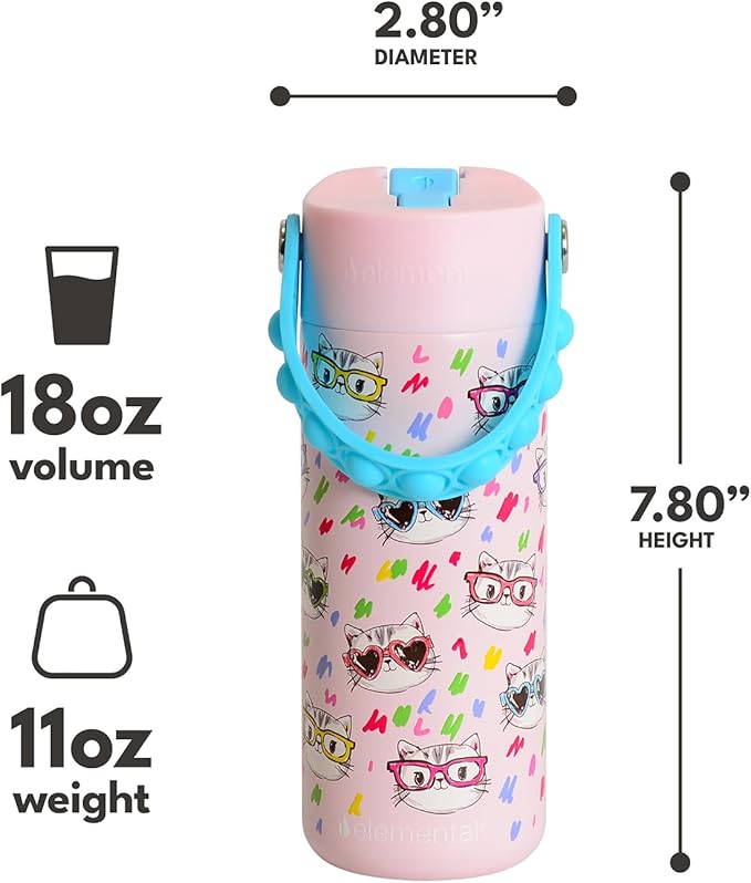 Elemental Insulated Kids Water Bottle, Stainless Steel Water Bottle with Straw Lid & Pop-It Handle, Leak-Proof Water Bottles for School, Boys or Girls, Travelling and Sports, 18oz - Stylish Cat