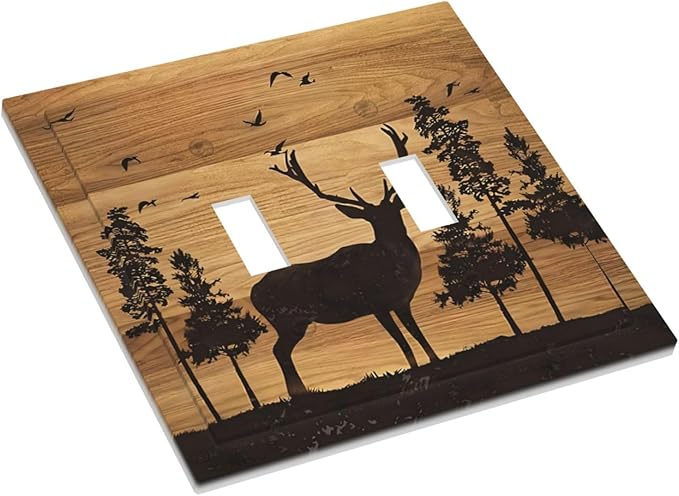 Elk Moose Forest Hunting Pyrography Art Wood Texture Print Decorative Switch Plates 2 Gang Double Toggle Outlet Light Switch Cover Wall Plate Electrical Faceplate for Farmhouse Bedroom Decor