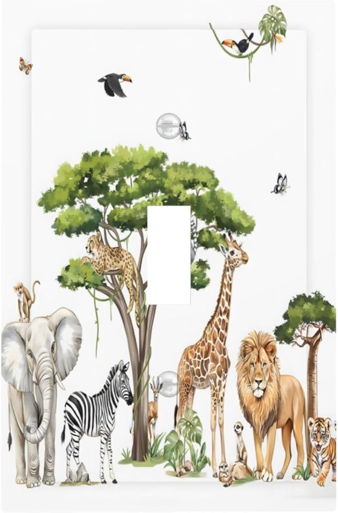 Large Animals Elephant Giraffe Jungle Lion Leopard Zebra Decorative Light Switch Cover 1 Gang Single Toggle Device Electrical Faceplate Switchplates Decorator Outlet Wall Plate for Kids Room Nursery