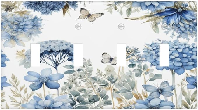 Decorative Light Switch Plate Covers Boho Blue Flowers Rustic Beige Butterfly Leaves 4 Gang Wall Plate Switch Cover Plate Quad Toggle Jumbo Electrical Faceplate for Country Home Decor