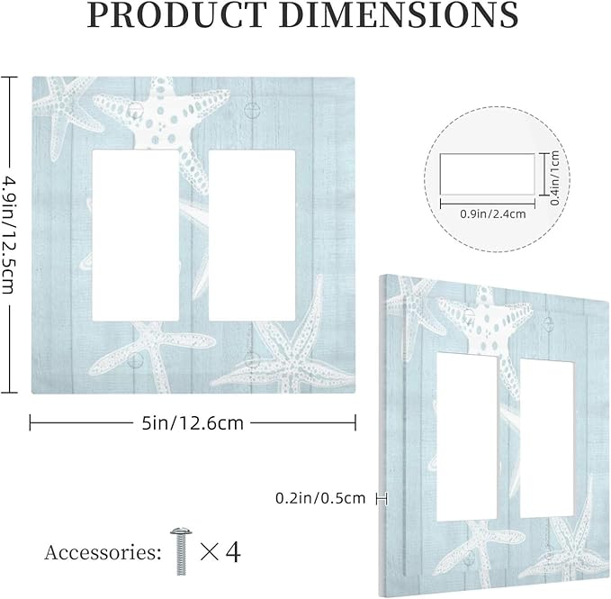 Beach Starfish Vintage Wood Rustic Country Ocean Decorative Outlet Covers 2 Gang Double GFCI Rocker Electrical Wall Panels Light Switch Cover Plate for Farmhouse Kids Room Decor